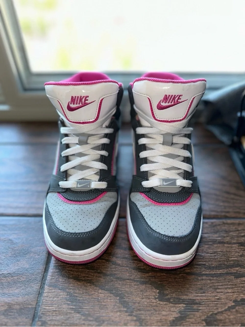 Nike High-Top Sneakers in White, Gray & Pink Accent